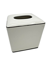 Classic White Ceramic Tissue Cover Square w/ Bands of Silver Top Bottom