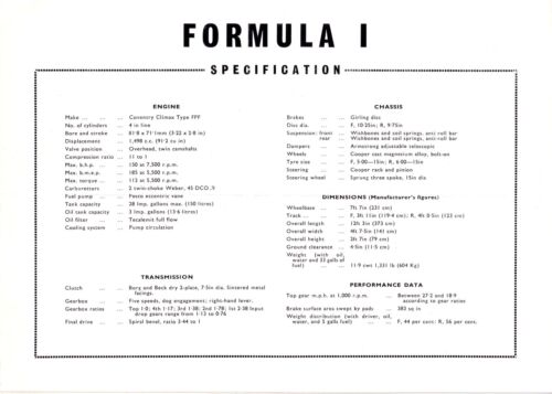 The 1961 Formula 1 COOPER-CLIMAX Specifications ~ Spec Sheet Flyer BROCHURE - Picture 3 of 5
