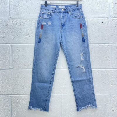 PULL&BEAR HELLBLAUE MOM JEANS PATCHWORK RIPPED REGULAR MID WAIST STRAIGHT UK 8
