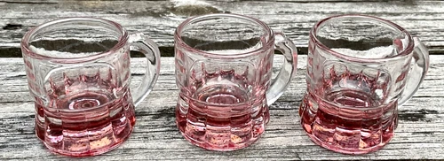 Lot of 3 Vintage Federal Glass Mini Beer Mugs Shot Glasses Toothpick Holder Pink