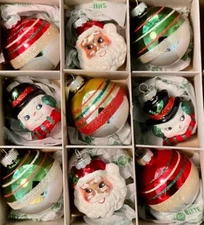 9 LARGE Shiny Brite Christmas Ornaments Santa Snowmen Rounds Radko Classic Color