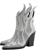 Women's Fashion Blingbling High Chunky Heel Pointed Silver Gold Toe Ankle  S 8.5