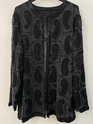 Vintage 80er Jahre Pailletten Jacke schwarz, starke Perlenmuster Details. Größe 12