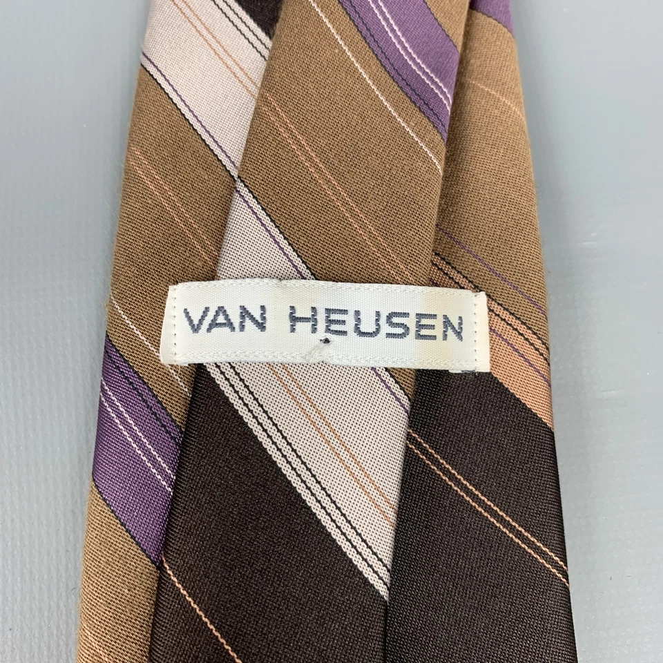 VAN HEUSEN Marrón Oscuro & Topo Diagonal Rayas Poliéster/Corbata de Seda - Imagen 4 de 4