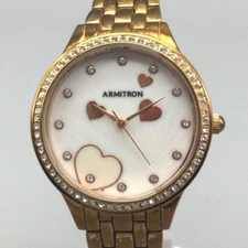 Armitron Watch Women 36mm Gold Tone MOP Dial Hearts Crystals New Battery 7"