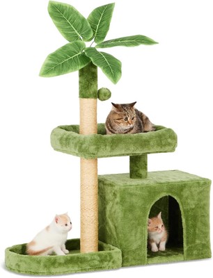 Tree Cat Tower Indoor  Green Leaves Cat Condo Cozy Plush Cat House 