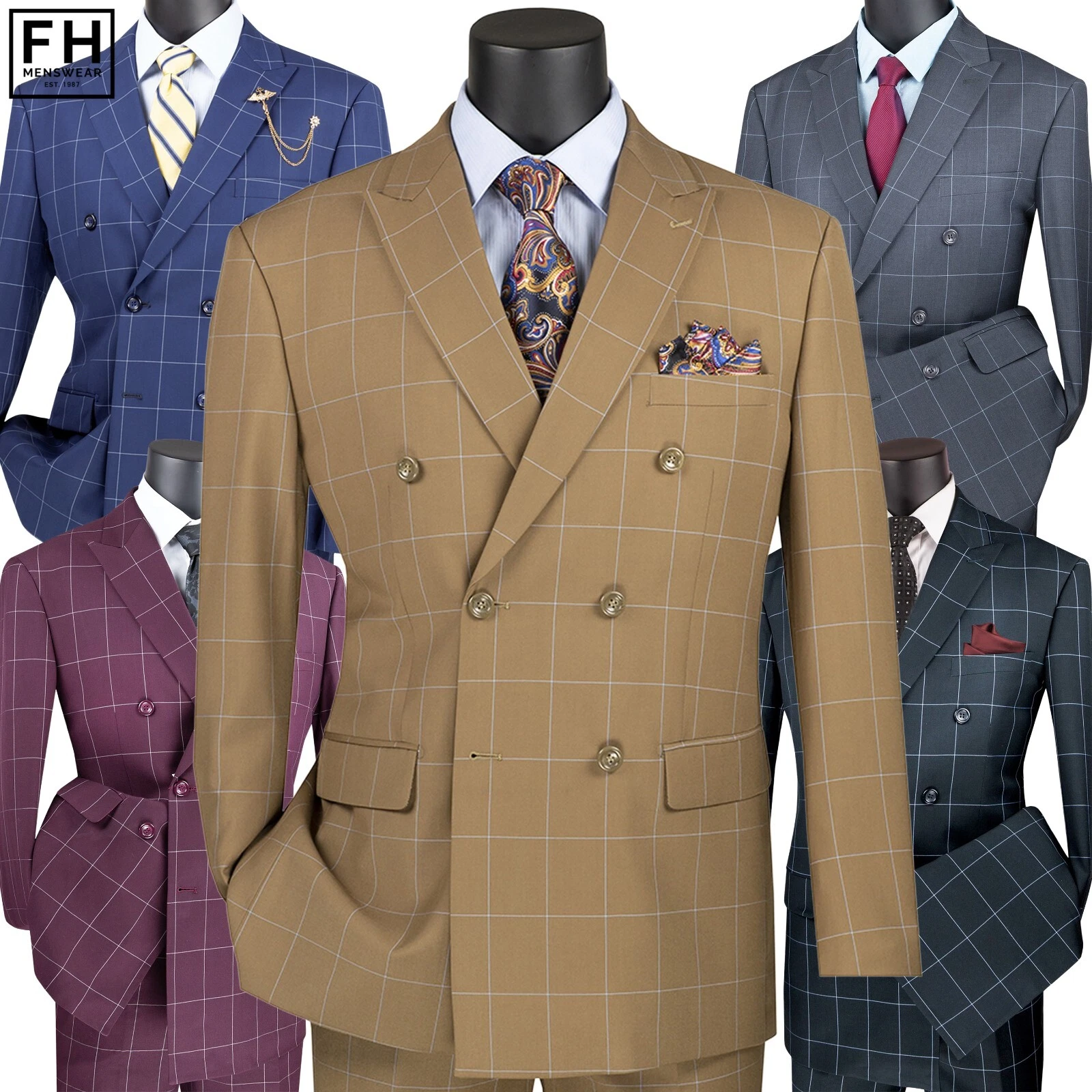 VINCI Men's Windowpane Double-Breasted 6-Button Modern Suit - 36S-56L, 6 Colors