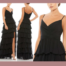NWT 398 IEENA Mac Duggal 14 V Neck Sleeveless Ruffle Gown in Black G1675