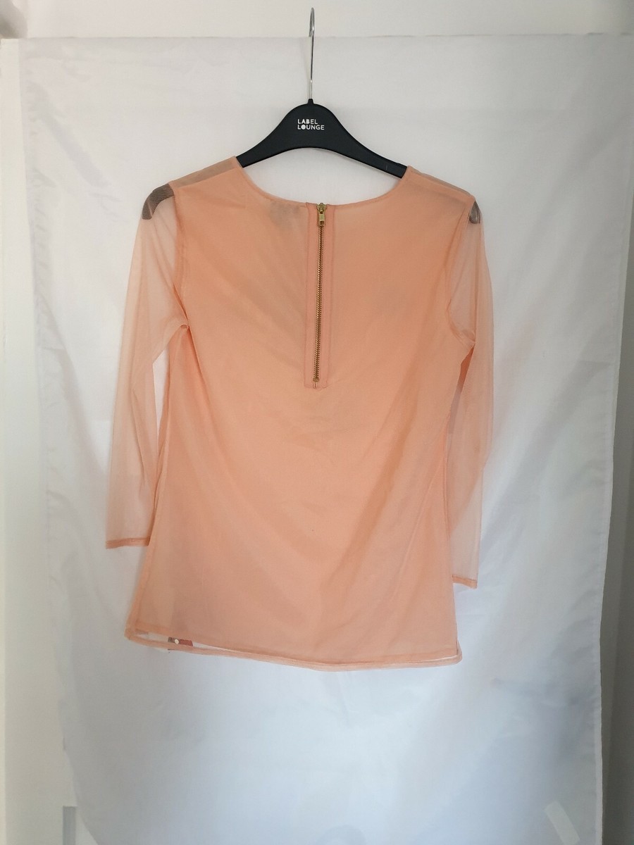 LADIES LOVE LABEL PEACH MESH TOP 3/4 SHEER SLEEVES SEQUIN HEARTS SIZE 8 - BNWT
