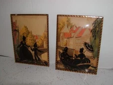 VTG Silhouette Pictures Reverse Painted Convex Bubble Venice Gondola Courting