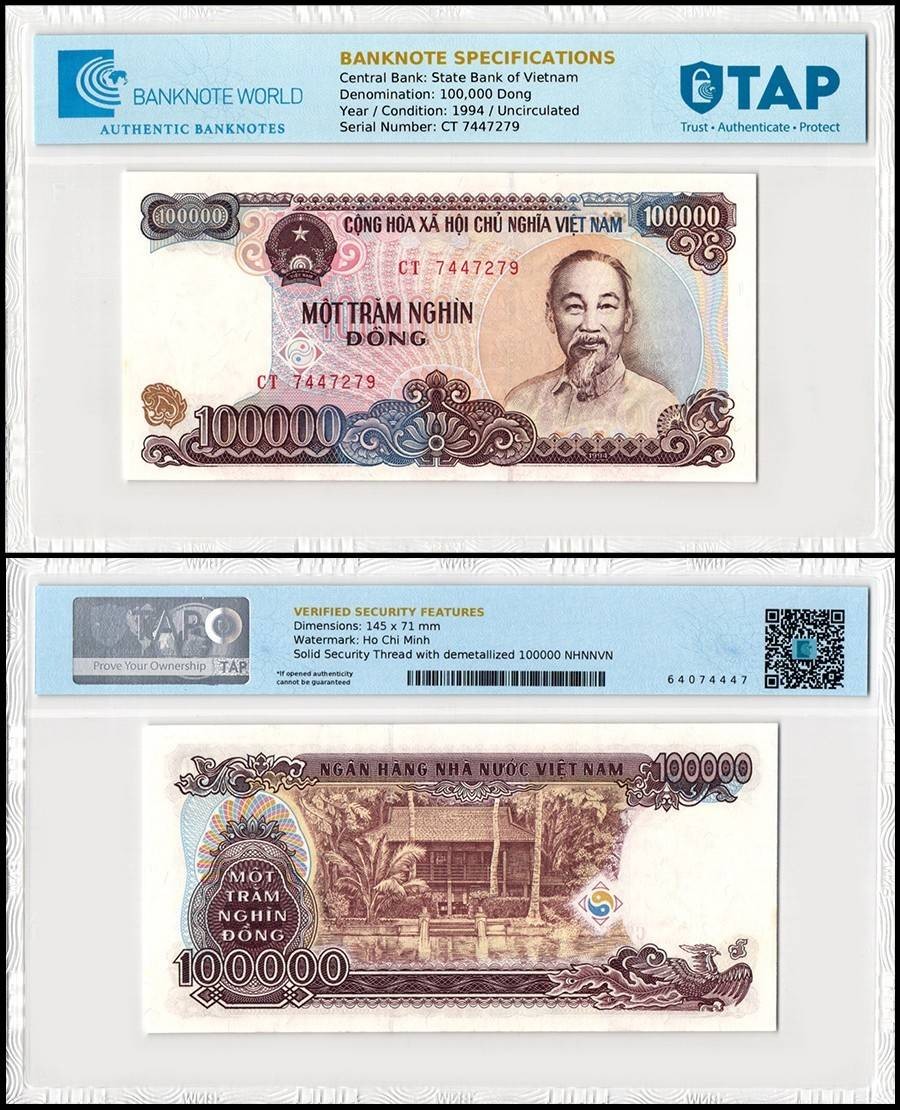 235 ベトナム紙幣　ベトナムドン　1枚　1994年　100000ドン Vietnam 100000 Dong, 1994, P-117, UNC Authenticated | eBay