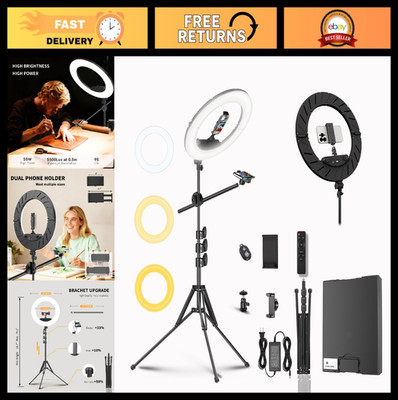 Dimmable 55W 45cm LED Ring Light Kit with Tripod & Dual Phone Holder for Selfies