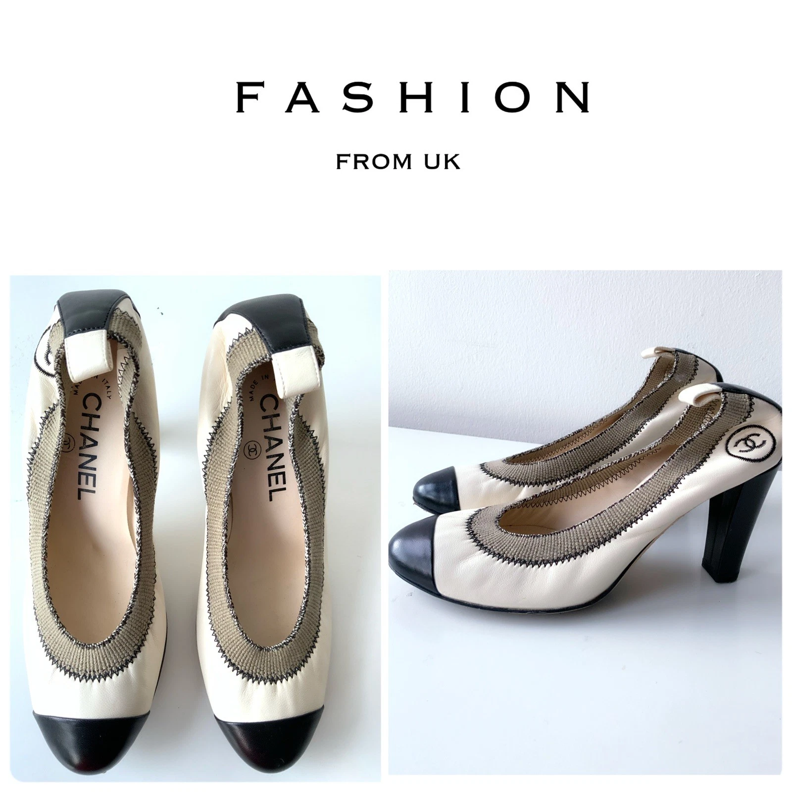 Chanel — CHANEL CLASSIC OFF WHITE - BLACK LEATHER CC LOGO PUMPS 37 Excellent!!