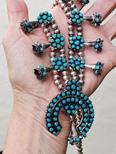 Vintage 1970 Zuni Strrling Sleeping Beauty Turquoise Squash Blossom Necklace