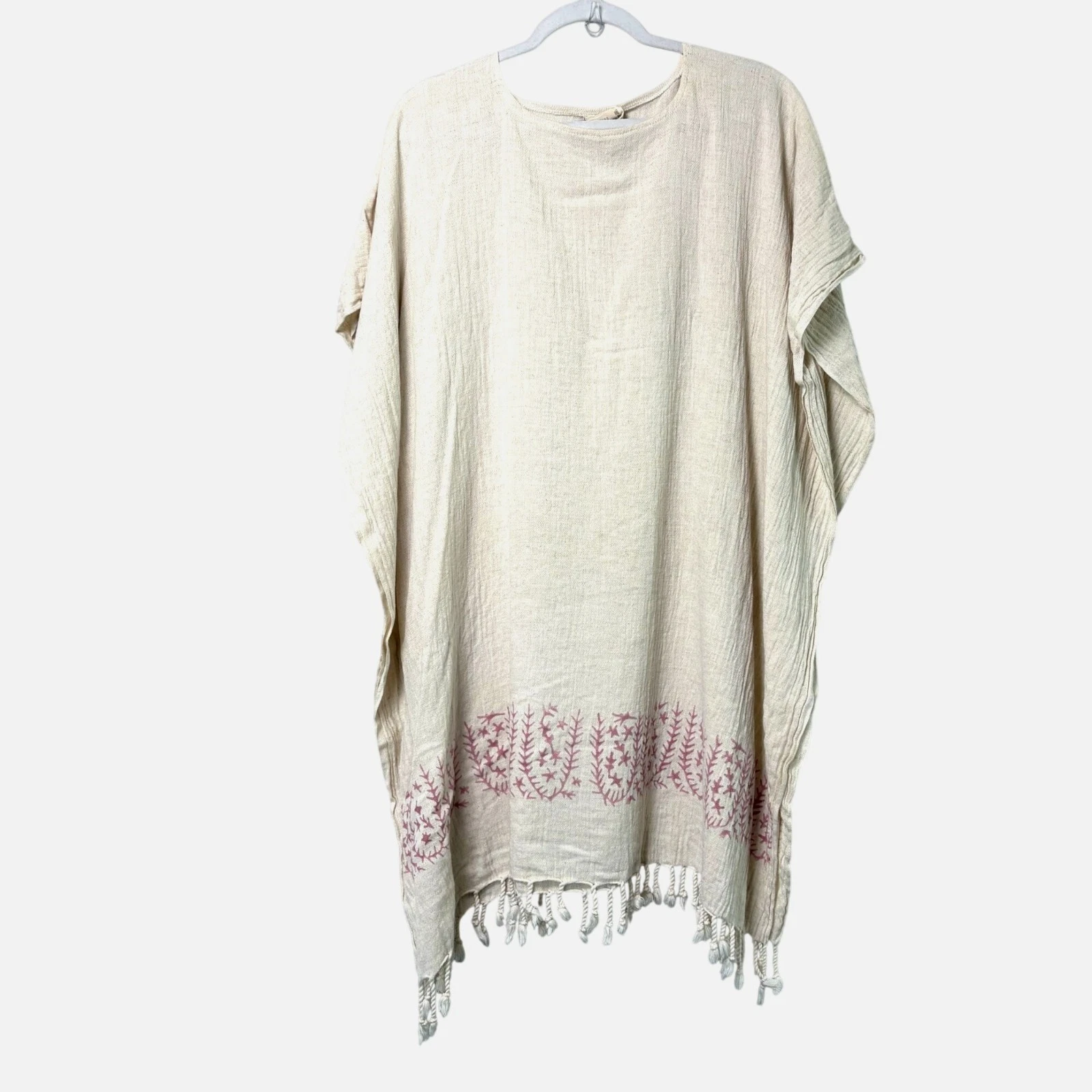 Buldano Poncho Tunic Top Beach Cover Up One Size Cream Pink Tassels Linen Cotton