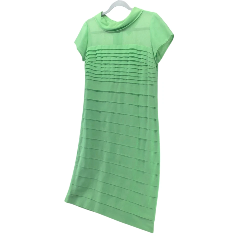 Vestido Leslie Fay Vintage Médio Verde Perfeito Plissado Decote Capuz Traseiro Botão Mudança - Imagem 2 de 4