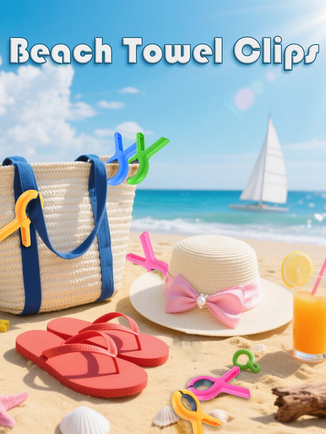 Large Beach Towel Clips, 8 PCS Beach Chair Clips with 2PCS Chip Clips for Cha...