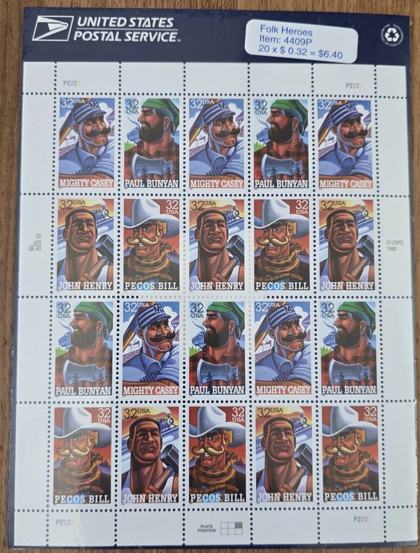 USPS Stamps Folk Heroes Full Sheet 32 Cent Stamps Set of 20 Stamps Item 4409P