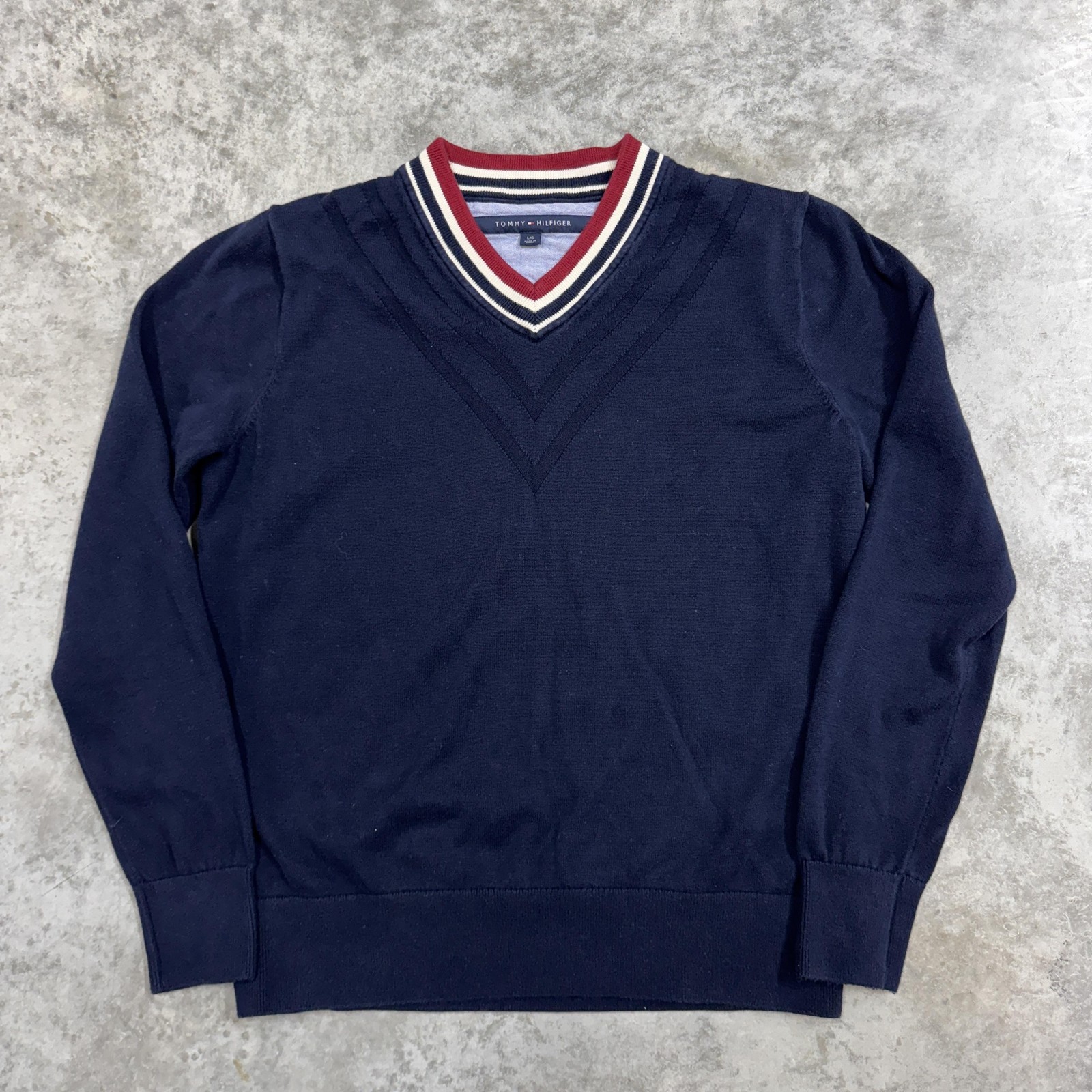 Tommy Hilfiger Sweater Mens Large Navy V Neck Stripe Trim Preppy Classic Knit