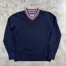 Tommy Hilfiger Sweater Mens Large Navy V Neck Stripe Trim Preppy Classic Knit
