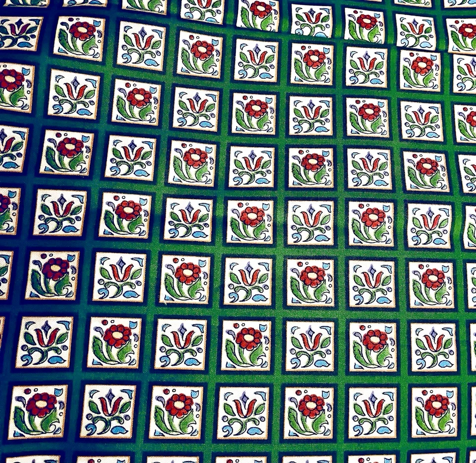 Jim Shore Folk Art Red Green & Yellow Tiles Stripes for Quilting Treasures BTFQ - Image 2 of 4