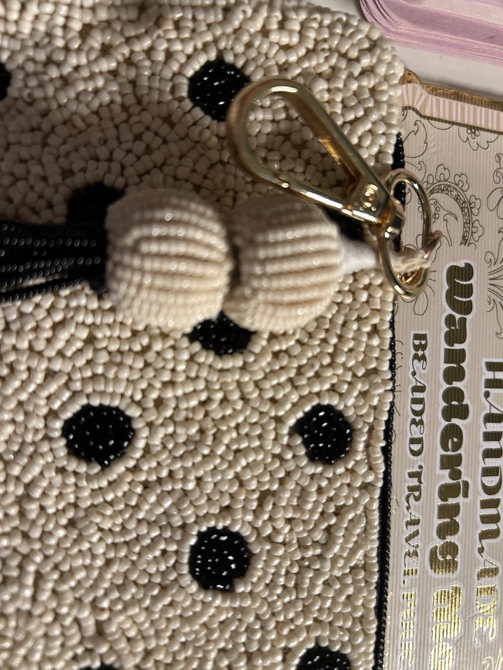 Bolsa de viaje Wandering Moon negra a lunares blanca crema vidrio con cuentas cremallera Foto 2 de 4