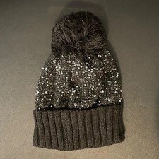 NWT WOMEN'S CHUNKY KNIT RIBBED SEQUIN BLACK POM POM FUR C.C BEANIE HAT