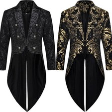 Devil Fashion Mens Gothic Steampunk Tailcoat Jacket Black Brocade Damask Wedding