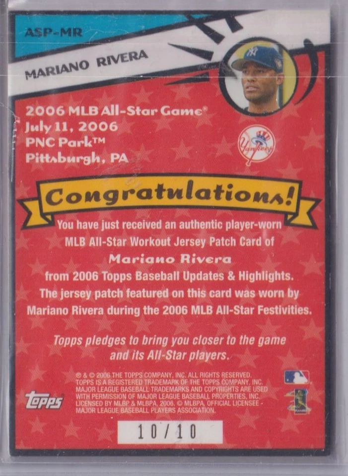 2006 Topps Update #ASP-MR Mariano Rivera All-Star Patches #10/10 Bookend - Image 2 of 2