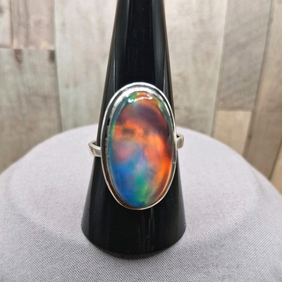 Big Colorful Aurora Opal Ring Adjustable 7-10.5 Sterling Silver Southwestern