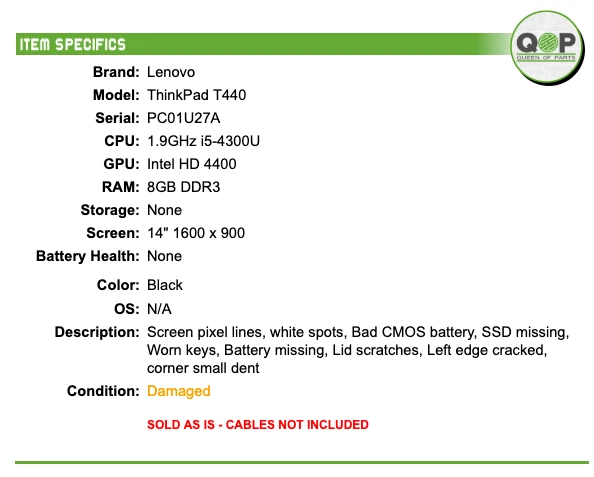 Lenovo ThinkPad T440 - 14" HD, 1.9GHz i5, 8GB RAM, NO SSD - Image 2 of 4