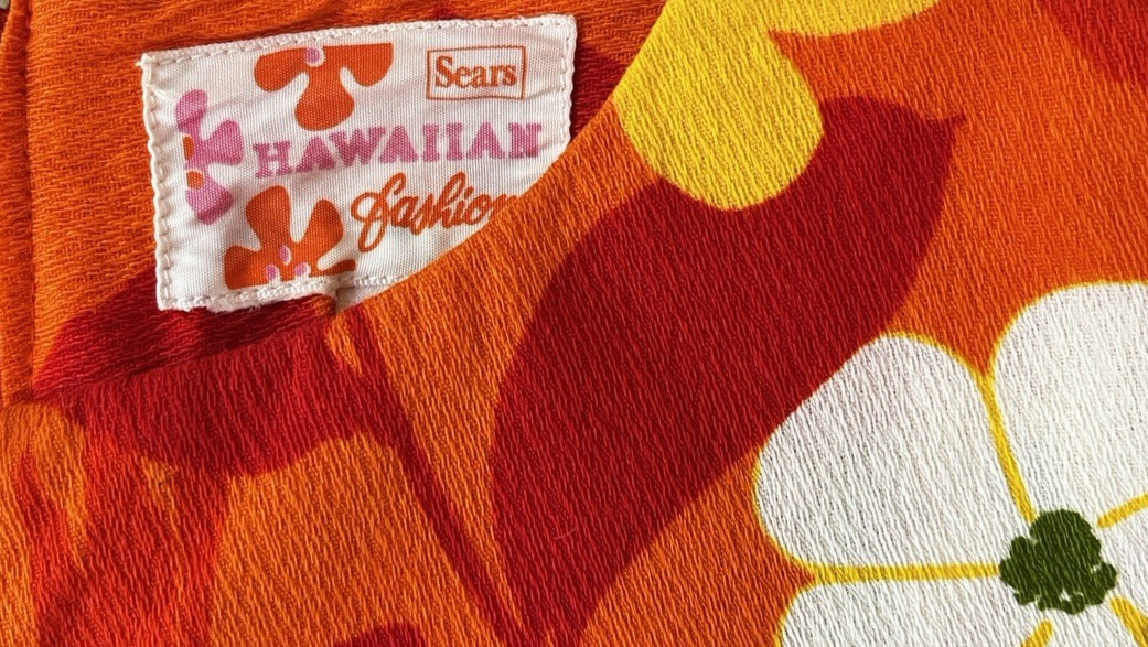 VINTAGE SEARS HAWAIIAN FASHIONS 70s Orange Floral Barkcloth Dayglow Dress - L/XL View 5