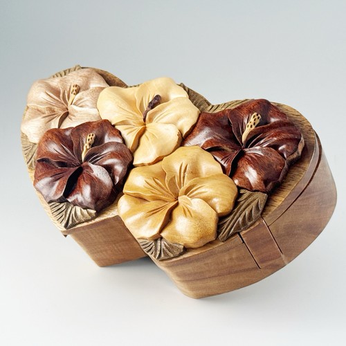 Aloha Wood Art Le Family Hawaii Hibiscus Puzzle Box Jewelry Hand Carved Flowers