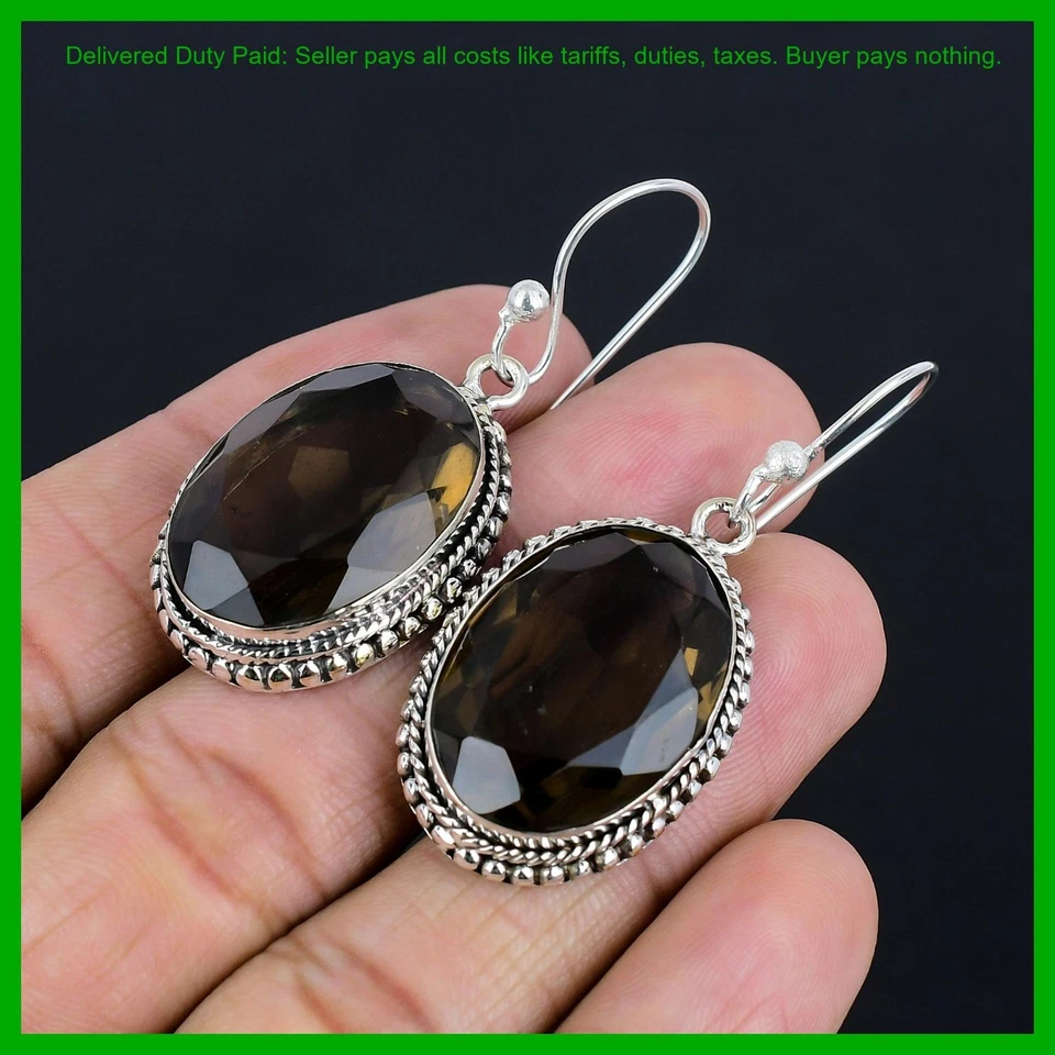 925 Sterling Silver Oval Natural Smoky Quartz Dangle Drop Hook Vintage Earrings - Image 3 of 4