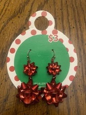 NEW Cutie Cute Red Metal Dangling Double Stacked Christmas Bow Earrings 2” Long