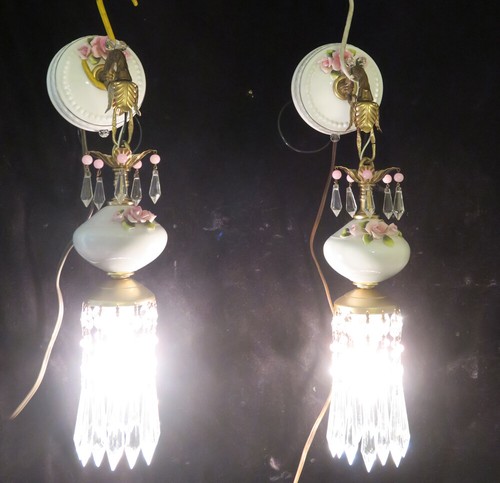 2 Apelines Lámpara Rosa Barbola Rosa Vintage Porcelana Cuentas Latón Tole Luz Desgastada - Imagen 4 de 12