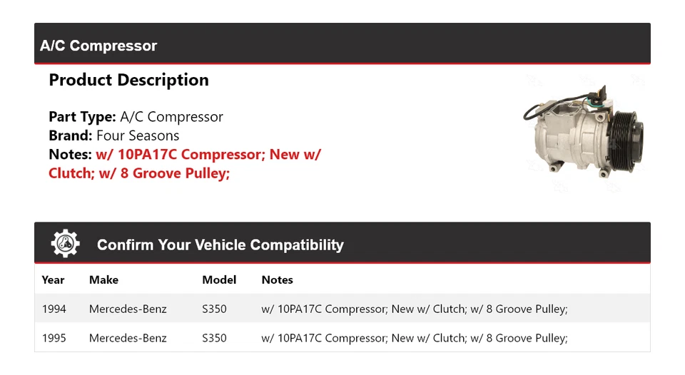 Compresor de aire acondicionado para Mercedes-Benz S350 1994-1995 4 estaciones Foto 2 de 4