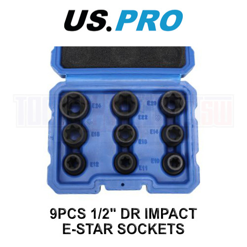 US PRO Tools 9PCS 1/2" DR Impact E-Star Sockets Female Torx E10 - E24 7522