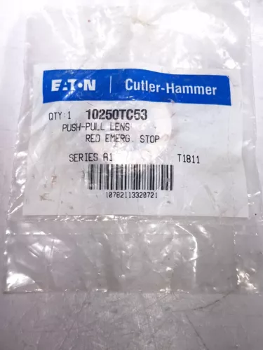 EATON CUTLER HAMMER 10250TC53 PUSH PULL BUTTON LENS PLASTIC RED "EMERGENCY STOP"