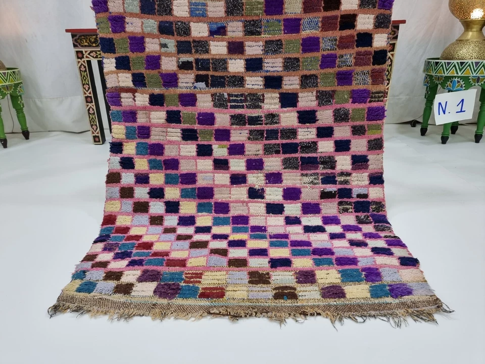 Moroccan Handmade Vintage Rug 3'x5' Berber Checkered Blue Cotton Tribal Carpet - Image 4 of 4