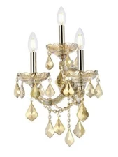 Wall Sconce Fixture Golden Teak Frame and Crystal Bathroom Dining Room 3 Light