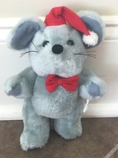 Vtg Gray Christmas Mouse Jointed Posable Plush Stuffed Animal 10 Soft Santa Hat