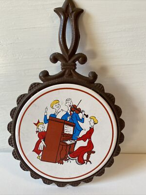 Vintage Tile Cast Iron Trivet Japan Music Piano Singing Family Round