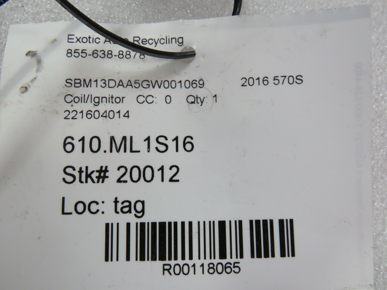 McLaren 570S, Ignition Coil, Used, P/N 221604014
