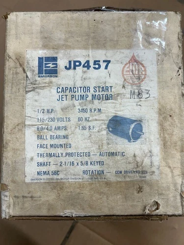 Emerson JP457 Capacitor Start Jet Pump Motor HP1/2 Amps 8.0/4.0 115/230V 3450RPM