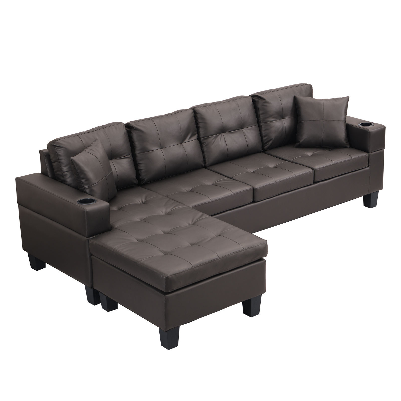 L-Shaped Sectional Sofa with Chaise Lounge, Cup Holders & LED Lights for Modern Living Room