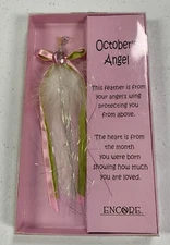 Encore October's Angel Feather with charm and ribbon (2005) New Pink Birthstone