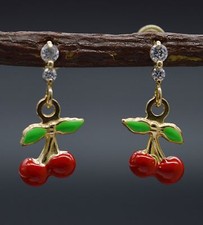 JM144 Enamel Cherries 14K Solid Yellow Gold Dangle Screw-back Earrings