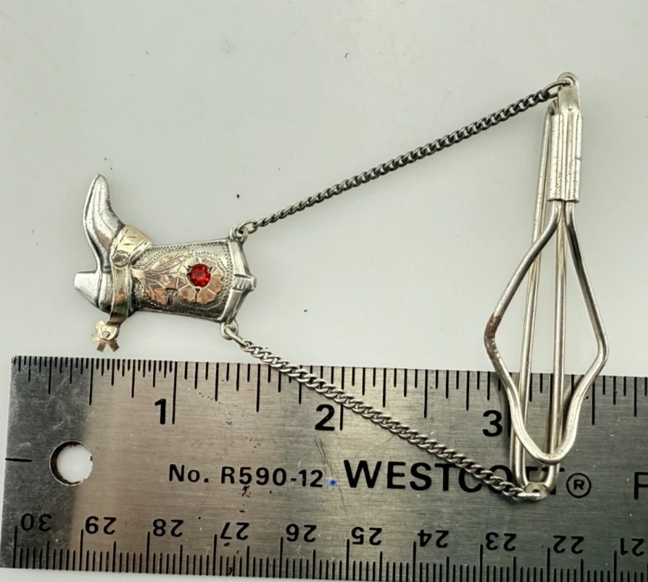 Vintage Sterling 10K Southwestern Tie Clip Bar Floral Red Stone Stud Cowboy Boot - Image 3 of 4