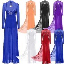 US Women Skirt Stage Dress Ballroom Dancewear Mockneck Dance Sheer Lyrical Flowy